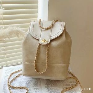 Classy Mini Vintage Flap Backpack Casual Retro Daypack Everyday Cream Gold Chain